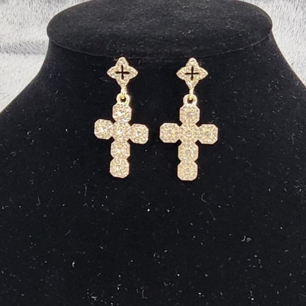 Cross Earrings Silver Tone & Clear Rhinestones - Drop Earrings, Jewelry